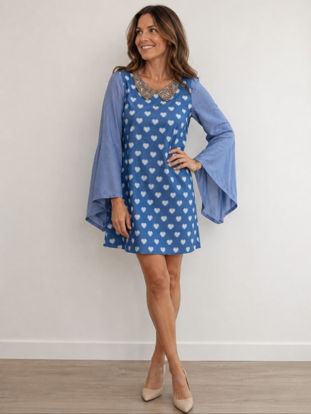 Tenax Made in Italy Blue Heart Print Dress Beaded Peter Pan Collar Bell Sleeve 6